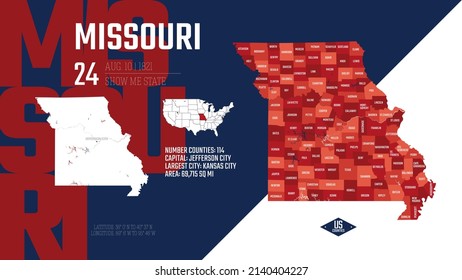 24 of 50 states of the United States, divided into counties with territory nicknames, Detailed vector Missouri Map with name and date admitted to the Union, travel poster and postcard