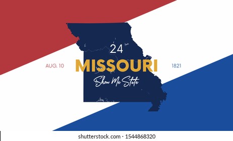 24 of 50 states of the United States with a name, nickname, and date admitted to the Union, Detailed Vector Missouri Map for printing posters, postcards and t-shirts