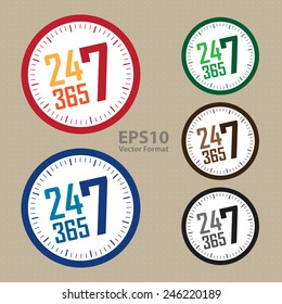 24 7 365 service is available year-round sticker, badge, icon, stamp, label, banner, sign, vector format