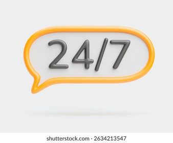24 7 3d service icon. Realistic speech bubble with yellow border and black 24 7 service text. Hotline customer support concept. Trendy cute vector symbol of service, help, working hour on white.