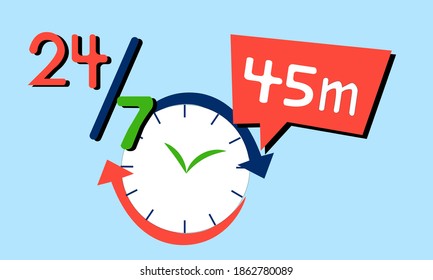 24 7 in 45 minutes service concept. Every time fast service. Delivery ordering icon. Symbol for websites, web design, mobile app. Flat illustration