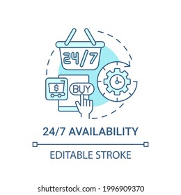 24 7 availability concept icon. E-marketplace benefit abstract idea thin line illustration. Shopping online. Website remaining open all time. Vector isolated outline color drawing. Editable stroke