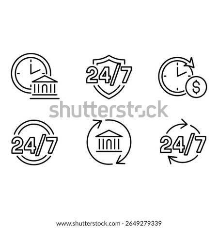 24 7 Banking Services Modern Line Icons Set Financial Security Clock Shield Continuous Support