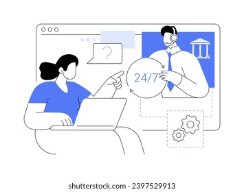 24 for 7 banking support isolated cartoon vector illustrations. Woman using online banking service support, voice assistance, business people, professional assistance center vector cartoon.