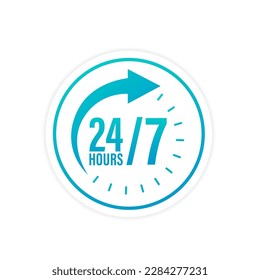 24 7 button. 24-7 open, concept with timer. Banner 24 hours a day open. Web button for banners and sites. Support service icon. Vector illustration