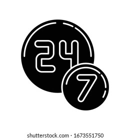 24 7 circle badge black glyph icon. Twenty four seven hours round sign. Always available service. Commerce and retail industry badge. Silhouette symbol on white space. Vector isolated illustration