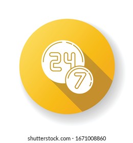 24 7 placa de color amarillo diseño plano larga sombra icono de glifo. Signo redondo de veinticuatro horas y siete. Servicio siempre disponible. Insignia del comercio y la industria minorista. Ilustración de color RGB de silueta