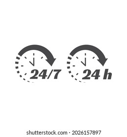 24 7 clock circle arrow for nonstop service icon. Non stop, twenty four hours support vector. Working hours set.