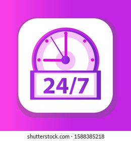 24 7 Clock icon, flat design. Watches 24h, 7 days a week isolated on white background. Vector illustration, clip art