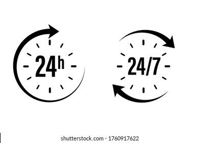 24 7 clock icon vector. day hour open customer support service. call center time assistance 247. online help. round week year sign. contact line design. isolated on white background