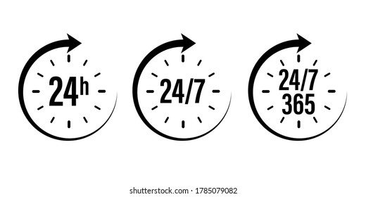 24 7 clock icon vector. day hour open customer support service. call center time assistance 247. online help. round week year sign. contact line design. isolated on white background