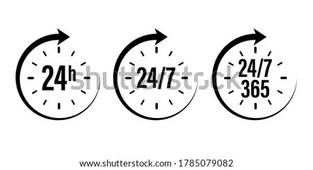24 7 clock icon vector. day hour open customer support service. call center time assistance 247. online help. round week year sign. contact line design. isolated on white background