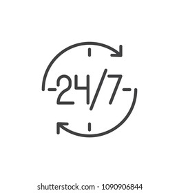 24 7 clock outline icon. linear style sign for mobile concept and web design. open 24 hours a day and 7 days a week simple line vector icon. Symbol, logo illustration. Pixel perfect vector graphics