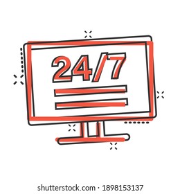 24 7 computer icon in comic style. All day service cartoon vector illustration on white isolated background. Support splash effect business concept.