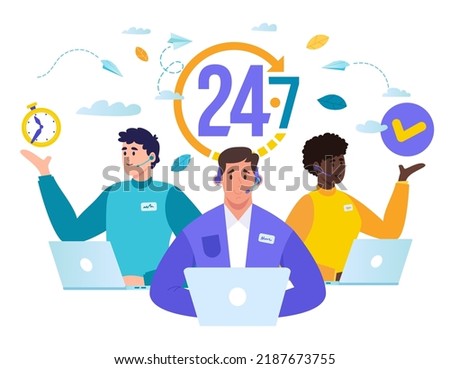 24 7 Customer service, hotline operators consult customers with headsets on computers, 24 7 global online technical support, Call center, call processing system, Vector illustration 