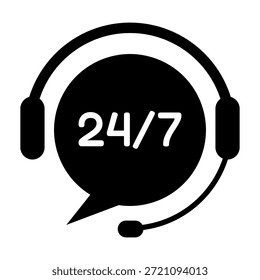24 7 Icono de chat de Asistencia al cliente con auriculares y burbuja de voz aislada. Símbolo de servicio de asistencia de mesa de ayuda negro mínimo para Sitios web de negocios App UI UX y diseño de centro de llamadas