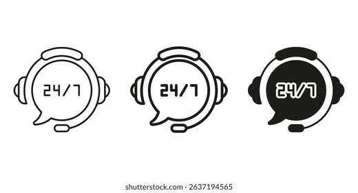 24 7 Customer Support Headset Icon Set. Round-The-Clock Service And Assistance Outline And Silhouette Symbol Collection. Call Center And Help Desk Availability. Isolated Vector Illustration. - Powered by Shutterstock - Get 15% off with code: PIKWIZARD15