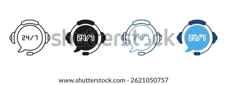 24 7 Customer Support Headset Icon Set. Round-The-Clock Service And Assistance Outline And Silhouette Symbol Collection. Call Center And Help Desk Communication. Isolated Vector Illustration.