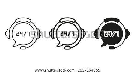 24 7 Customer Support Headset Icon Set. Round-The-Clock Service And Assistance Outline And Silhouette Symbol Collection. Call Center And Help Desk Availability. Isolated Vector Illustration.