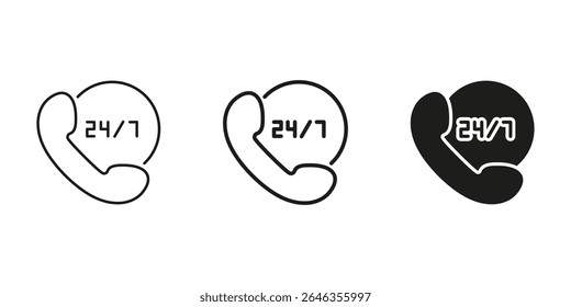 24 7 Customer Support Phone Icon Set. Round-The-Clock Service And Assistance Outline And Silhouette Symbol Collection. Communication And Helpline Availability. Isolated Vector Illustration.