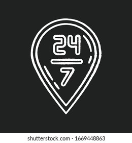 24 7 delivery chalk white icon on black background. Twenty four seven hours shipping. GPS sign with numbers. 24 7 service location. 24 h signage. Isolated vector chalkboard illustration