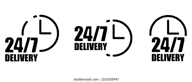 24 7 icono de entrega. Tres signos. Símbolo de reloj. Elemento Arrow. Concepto de servicio. Ilustración vectorial. Imagen de archivo. 
