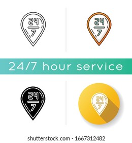 24 7 Liefersymbol. 24 Stunden Versand. GPS-Zeichen mit Zahlen. Rund um die Uhr Transport. 24 h Beschilderung. Lineare Schwarz- und RGB-Farbstile. Einzelne Vektorgrafiken