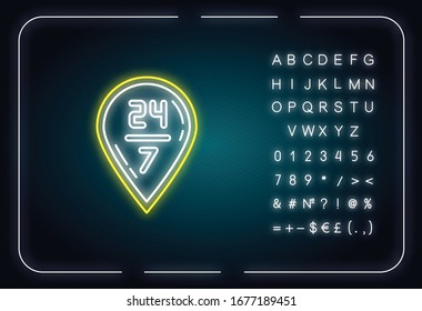 24 7 delivery neon light icon. Twenty four seven hours shipping. GPS sign with numbers. Outer glowing effect. Sign with alphabet, numbers and symbols. Vector isolated RGB color illustration
