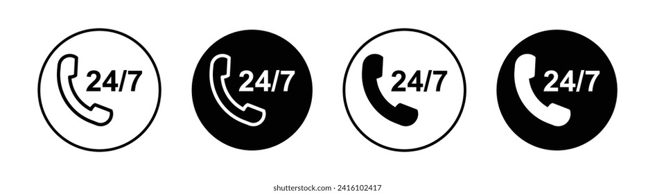 24 7 Ilustración del icono de la línea vectorial de los servicios de llamadas de emergencia.