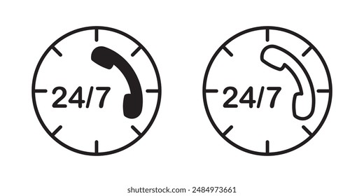 24 7 Emergency call services vector line icon, 24h call assistance vector logo symbol in black filled and outlined style. use for apps and websites UI designs style.