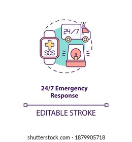 24 7 emergency response concept icon. Health monitoring idea thin line illustration. Life protection. Ambulance medical service. Vector isolated outline RGB color drawing. Editable stroke