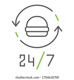 24 7 food delivery color line icon, service and delivery, food order sign, vector graphics, a linear icon on a white background, eps 10