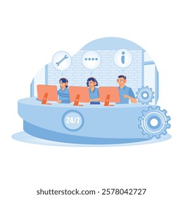 24 7 global online technical support. The customer service team offers 24 7 support using computers and headsets. Customer Service Representative concept. Flat vector illustration.