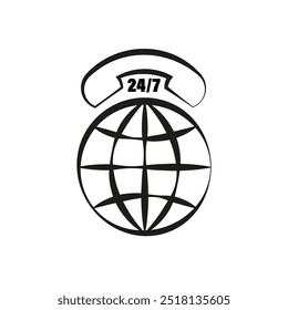 24 7 global service icon. Telephone receiver and globe symbol. Black and white minimalist design. - Powered by Shutterstock - Get 15% off with code: PIKWIZARD15