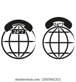 24 7 global service icons. Telephone and globe design. Black and white concept. Vector communication symbols. - Powered by Shutterstock - Get 15% off with code: PIKWIZARD15