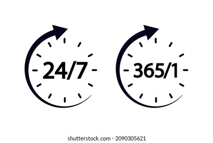 24 7 hour clock icon. 24 7 hrs and 365 day open, service and support. 24h call center for customer and help. Symbol of helpline, assistance and delivery. Round line sign. Vector.
