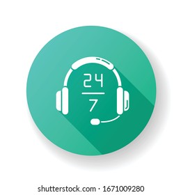 24 7 hour customer support turquoise flat design long shadow glyph icon. Headphone sign for around the clock service. Helpline twenty four seven hours. Silhouette RGB color illustration