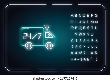 24 7 hour delivery neon light icon. Fast twenty-four seven shipping. Everyday shipping car. Outer glowing effect. Sign with alphabet, numbers and symbols. Vector isolated RGB color illustration