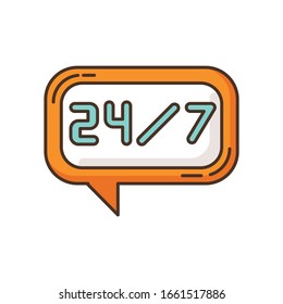 24 7 hour online chat RGB color icon. Twenty four seven hours call center. Everyday helpline. Always available helpdesk. Psychological support 24 7 hrs. Isolated vector illustration