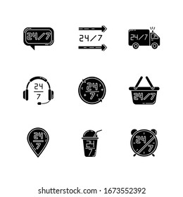 24 7 hour service black glyph icons set on white space. Always available help desk. Twenty four seven delivery. Transportation truck sign. Silhouette symbols. Vector isolated illustration
