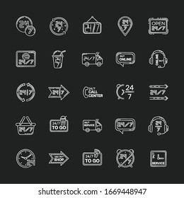 24 7 Hour Service Chalk White Icons Set On Black Background. Around The Clock Working Hours Of Convenience Store. 24 Hrs Open Shop. Helpline And Helpdesk. Isolated Vector Chalkboard Illustrations