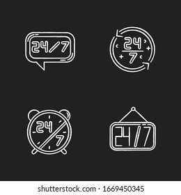 24 7 hour service chalk white icons set on black background. 24 hrs call center. Alarm clock with numbers. Helpdesk symbol. Hanging convenience store sign. Isolated vector chalkboard illustrations