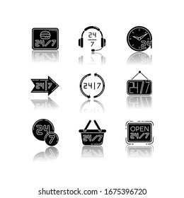 24 7 hour service drop shadow black glyph icons set. Twenty four seven circle sign. Around the clock working hours of store. Arrow signage with numbers. Isolated vector illustrations on white space