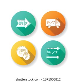 24 7 hour service flat design long shadow glyph icons set. Delivery truck. Around the clock open convenience store. Arrow sign point direction. 24 hrs shop. Silhouette RGB color illustration