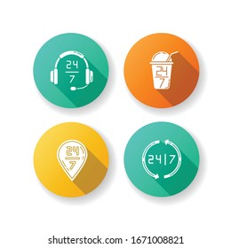 24 7 hour service flat design long shadow glyph icons set. Headset sign of customer support. Twenty four seven open bar. 24 hrs GPS pointer. Everyday helpdesk. Silhouette RGB color illustration