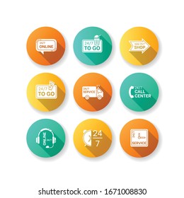 24 7 hour service flat design long shadow glyph icons set. Online 24 hrs customer support. Everyday available delivery. Around the clock open bar and pizzeria. Silhouette RGB color illustration
