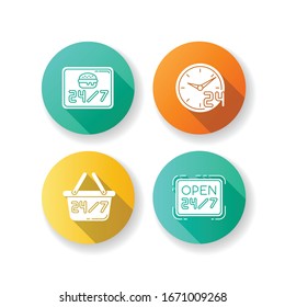 24 7 hour service flat design long shadow glyph icons set. Everyday open burger cafe. 24 hrs available restaurant. Open twenty four seven hours. Commerce industry. Silhouette RGB color illustration