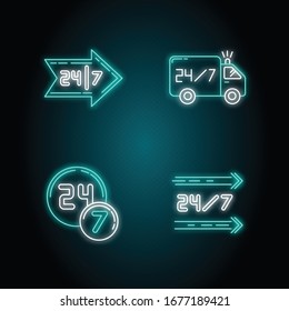 24 7 hour service neon light icons set. All day available delivery truck. Around the clock open convenience store. 24 hrs shop. Signs with outer glowing effect. Vector isolated RGB color illustrations