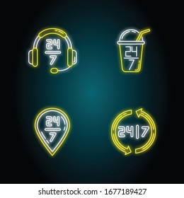 24 7 hour service neon light icons set. Headset sign of customer support. Twenty four seven bar. All day available delivery. Signs with outer glowing effect. Vector isolated RGB color illustrations