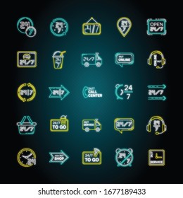 24 7 hour service neon light icons set. Around the clock working hours of convenience store. All week available shipping. Signs with outer glowing effect. Vector isolated RGB color illustrations